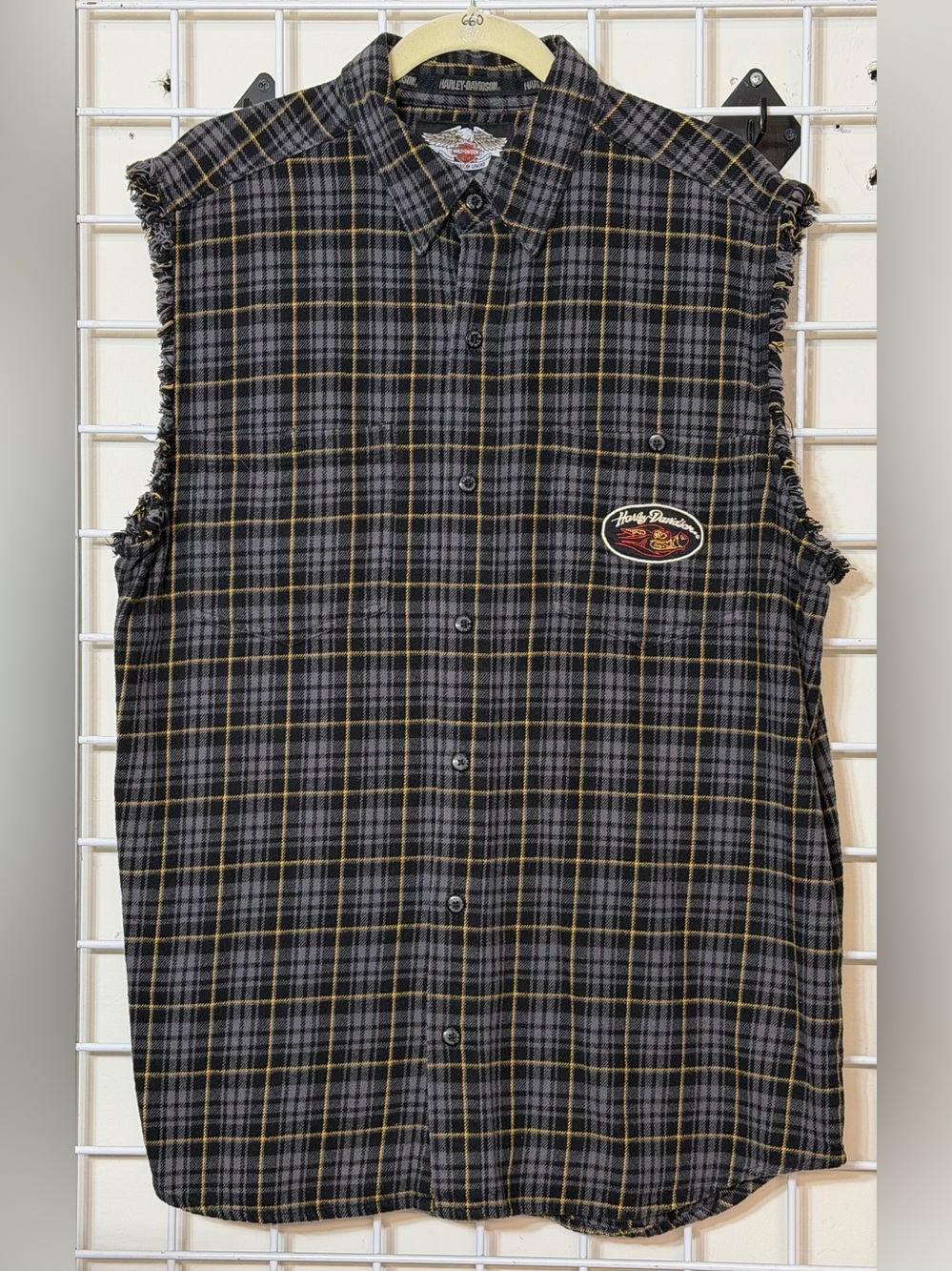 Harley-Davidson Sleeveless Flannel shirt Size XL Black, Gray, Yellow Full Button